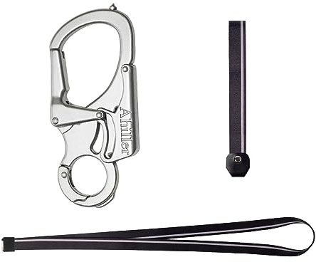 Karabiner Schlüsselanhänger Karabinerhaken Clip Set, Double Lock entworfen Wolfram Stahlspitze, Legierung Schlüsselbund mit Zwei Lanyards für Camping, Wandern, Angeln, Outdoor Survival (Silber-1P)