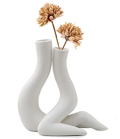 Kingbar Keramik Vase 2er Set Weiss, Vase Weiß Matt Für Pampasgras, Boho Vase Deko Für Wohnzimmer, Küche, Hochzeit Oder Als Geschenk, Minimalistisches Geschenk, A