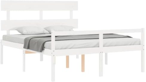 vidaXL Seniorenbett, Holzbett Bett mit Kopfteil Stauraum, Doppelbett für Senioren, Komfortbett Bettgestell mit Lattenrost, Schlafhöhe vom Boden 45cm, 160x200cm Weiß Massivholz