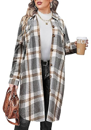 Jhsnjnr Camicia da donna a maniche lunghe in flanella, a quadri, casual, con bottoni, Plaid grigio., XL
