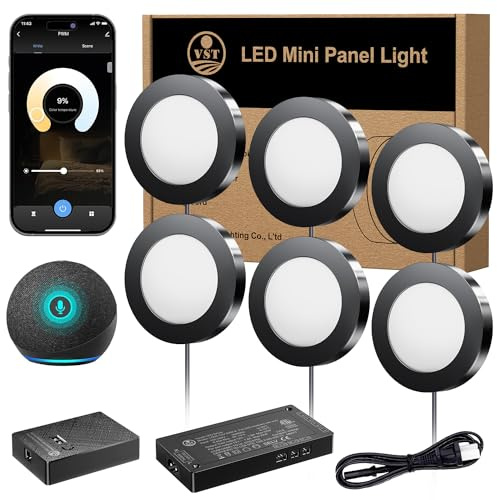 VST Intelligente Unterschrankbeleuchtung, funktioniert mit Alexa, Google Assistant App-Fernbedienung, Einbau- oder Oberflächenmontage, 12 V, 2 W/PC, Puck-Licht für Küche, unter Theke, Vitrine, 6