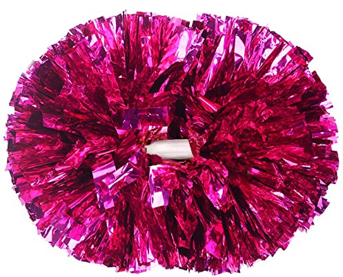 Hotfiary 2 Pcs Cheerleading Pom Poms for Kids Adults, Metallic Matte Iridescent Cheering with Baton Handle Boys Girls Women Men Team Spirit Dance School Sport Games Competition, Hot Pink