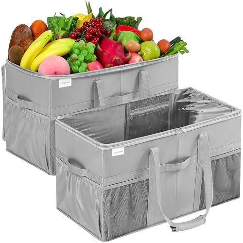 LUVHOMEE Einkaufstasche 2er Set - Stabile Tragetasche mit Deckel & Taschen, 56x29x33,5cm - Wiederverwendbare faltbare Transporttasche mit Bodenverstärkung für Supermarkt, Lagerung & Camping