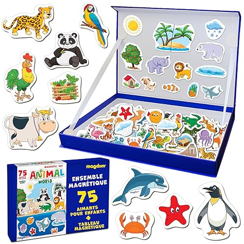 Magneti per Bambini - 75 Grandi Animali per Neonati in Scatola - Zoo, Fattoria, Animali della Foresta e del Mare - Magneti da Frigorifero - Gioco Educativo Montessori - Regalo per Bambini - Magdum