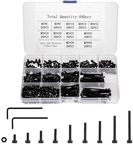 440 Pcs M3 Small Metric Screws with Nuts, Hex Socket Head Cap and Nut Assortment Kits, Alloy Steel Replacement Machine Fastener Screws and Bolts Nuts (440Black)