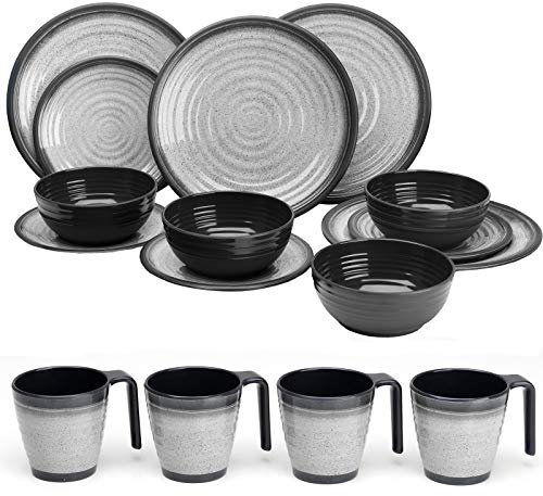 Melamin Geschirr Set für 4 Personen Grau Granit-Optik 16 Teile - mit Stapeltassen - Campinggeschirr Geschirrset Tafelgeschirr - Spülmaschinengeeignet Tableware Outdoor Camping