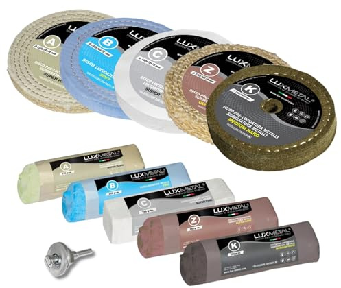 Lux Metal - Kit 5 Disco Lucidante 150 mm e 5 Pasta Abrasiva Lucidante 250 gr - Per Alluminio, Ferro, Acciaio Inox, Bronzo, Marmo - Ruota Lucidatura Metalli Trapano Mola Smerigliatrice Feltro Cotone