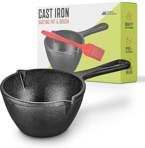 Modern Innovations Cast Iron Melting Pot with Silicone Brush, Basting for Grill Cooking, Saucepan, Simmer Sauce and Butter, Small Pot, Mini Bowl Sauces, MI 1415