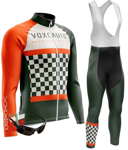 VOXCAUTQ Herren Langarm Fahrrad Trikot Set,Rennrad Trikot Herren Set,Langärmliges Fahrradtrikot Hose + Polarisiert Fahrradbrille (TypA-1,3XL)