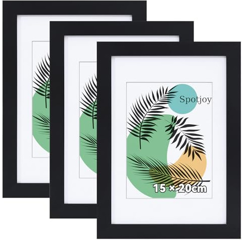 Spotjoy Bilderrahmen 3er Set 15x20 cm mit Passepartout | Holzrahmen Rahmen für Tisch- und Wandmontage Zertifikatsrahmen mit Acrylglas für Fotos, Poster, Porträts, Schwarz
