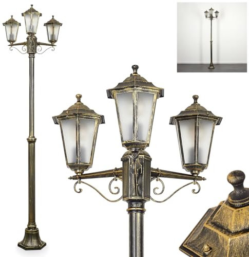 Lampada da esterni Loria, lampada da sentiero in metallo/vetro color oro/marrone/bianco, candelabro a 3 luci, effetto antico, altezza max. 200 cm, illuminazione da giardino IP44, 3 lampadine E27,