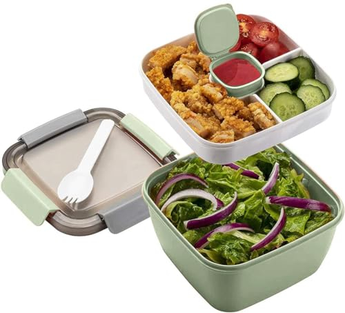 MUJUZE Lunchbox mit unterteilung fächern,Salatbehälter mit Besteck Erwachsene/Kinder,Salat Box to go,Brotzeitbox Nachhaltig Salatbox Auslaufsicher,Bento Box für Schule/Arbeit/Picknick Reisen