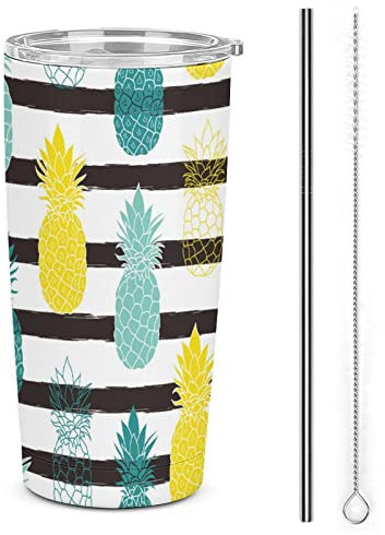 Pineapple Edelstahlbecher, isoliert, mit Deckel und Strohhalmbürsten, doppelwandiger Reise-Kaffeebecher, 590 ml