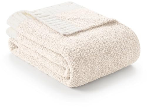 Snuggle Sac Manta de hilo de plumas para sofá, ultra suave, cálida, reversible, de punto, para cama o sofá, ligera, para viajes, tamaño individual, 127 x 153 cm, color marfil crema
