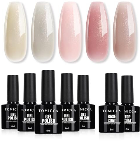 TOMICCA UV Nagellack Set, 5 Farben Gel Mit Base & No Wipe Top Coat, Glitter Rosa Nude Soak-Off UV/LED, Nailart Starter Kit Geschenk DIY zu Hause, 7 x 8ml