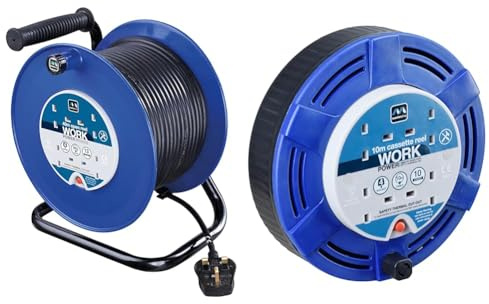 Masterplug Four Socket Open Cable Reel with Handle, 40 Metres, Blue & Four Socket Cassette Cable Reel, 10 Metres, Blue