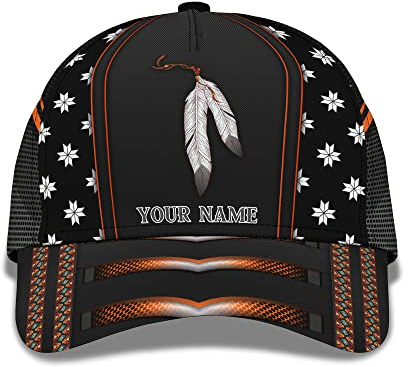 Trucker Baseballcap Indianer-Druck Personalisiere Namenstext Wortmütze Mit Indianerfeder Und Ethnischem Muster Basecap Casual Capatmungsaktive Mütze Sonnenschutz Golf Hüte