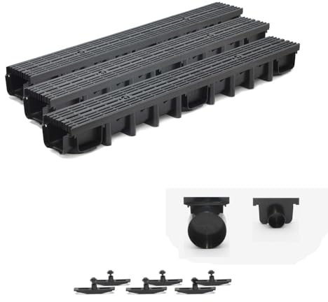 ScarMaxx - 3m Entwässerungsrinne Set - Bodenrinne - Regenwasser Ablauf - Abfluss mit Gitter - A15 Bauhöhe 98mm - Komplett Set - Längsstabrost Line Schwarz - 13x300x9,8cm
