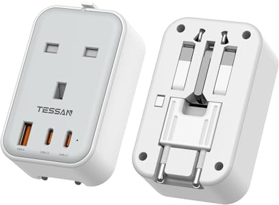 TESSAN UK to Universal Travel Adapter, 1 Pack | 20W, 2 USB C 1 USB A, Ultra Thin, Worldwide Plug Adapter, Type C G A I