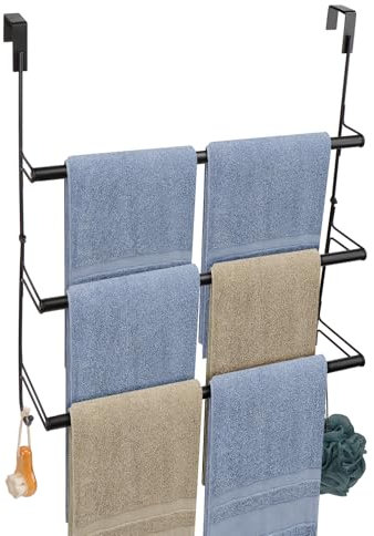 Livabber 3-Tier Over The Door Towel Rack, All Metal Towel Rack with Hooks for Door Hanging, Behind Door Towel Bar Towel Storage Holder for Bathroom Accessories, Black (19.37 L x 5.9 W x 24.4 H)