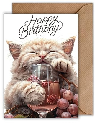 Lustige Geburtstagskarte Katze – Happy Birthday Karte mit Weinmotiv – Klappkarte mit Umschlag – Humorvolle Grußkarte zum Geburtstag für Frauen, Katzenfans & Weinliebhaber – DIN A6