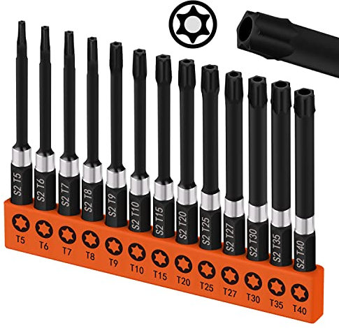 13-Piece Impact Rated 3 Security Torx Bit Set for 1/4”Screwdriver, Drill & Impact Driver, S2 Alloy Steel, 75mm Long