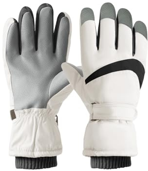 Feelorna Damen Winter Ski Handschuhe, Winddicht Thermische Touchscreen Handschuhe wasserdichte Surface&Fleece gefütterte Winter Warme Handschuhe für Skifahren Radfahren Outdoor Sport (Weiß)