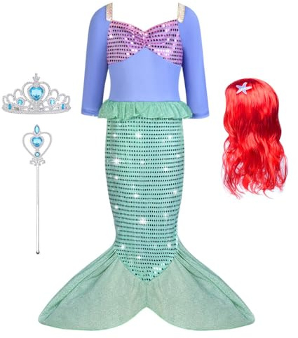 AUYAO Sjöjungfrukostym för flickor, prinsessklänning med peruk, krona och trollstav, kostym liten sjöjungfru flicka, halloweenkostym för cosplay, karneval, fest födelsedag, grön, 120