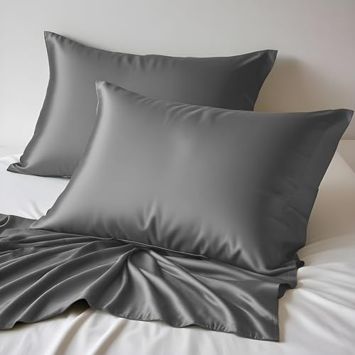 LINENWALAS 100 % ekologisk bambuörngott 2-pack, mjuka premium bambu-silkesörngott för hår och hud, kylande örngott i standardstorlek med kuvertstängning (50 x 75 cm, ljusgrå)