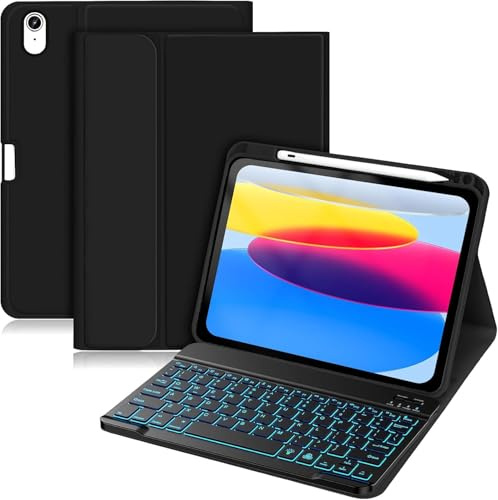 Palkitsee Fodral med tangentbord för iPad A16 11. Generation 2025/iPad 10. Generation 2022 (11/10,9 tum), avtagbart trådlöst tangentbord, upplyst 7 färger, med pennhållare (svart)