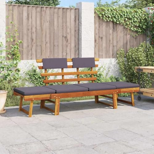 LVHUIDEH Gartenbank aus Holz, 2-in-1 Gartenliege mit Auflage, Lamellendesign Sitzbank, Holzbank, wetterfeste Gartenmöbel, Balkonbank für Garten Terrasse, (153-190) x 68 x 74 cm