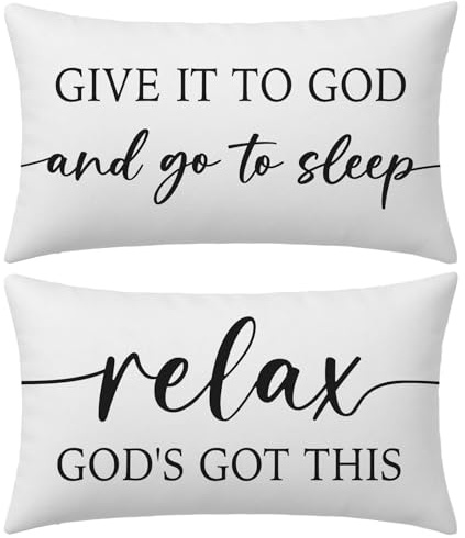 HERHOME Decorative Throw Pillow Covers 12x20 Inch Set of 2 – White Christian Lumbar Pillowcase – Give It to God and Go to Sleep/Relax God’s Got This – Faith Bedroom Bed Decor for Women