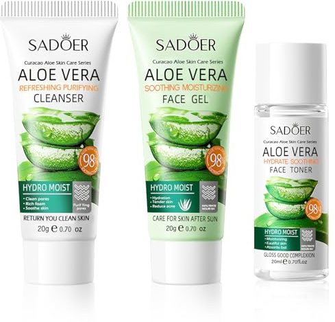 Soins de la peau format voyage, Gel d'Aloe Vera 20 ml, Nettoyant Visage au Collagène 20 g, Tonique Aloe Vera à l'Acide Hyaluronique 20 g, coffret de soins hydratants adapté aux voyages, 3 pièces