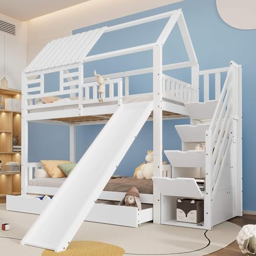 HYUB Litera para niños 90 x 200 cm con tobogán y cajones, cama juvenil con escalera y almacenamiento, marco con somier y protección anticaídas, color blanco