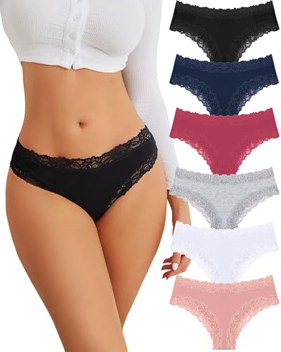 FINETOO Cotton Underwear Womens Sexy Lace Cheeky Low Rise Panties 6 Pack | Brazilian Briefs,Breathable,Low Rise Hipster,Comfortable,Between Thong and Bikini Styles,Gift for Her,Romantic Date Night