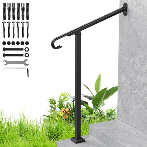 SPACEEUP Hand Rails for Outdoor Steps, 2 Step Stair Handrail, 38x 31 Fits 1 to 2 Steps, Adjustable Handrail, Wall&Floor Mounted Wrought Iron Stair Railing for Concrete Steps, Porch Steps