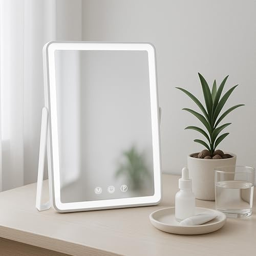 CLP Schminkspiegel mit Beleuchtung Caistor, Kosmetikspiegel für Make-up und Rasur, 3 Lichtfarben LED dimmbar, Standspiegel mit Touch-Schalter, Farbe:weiß