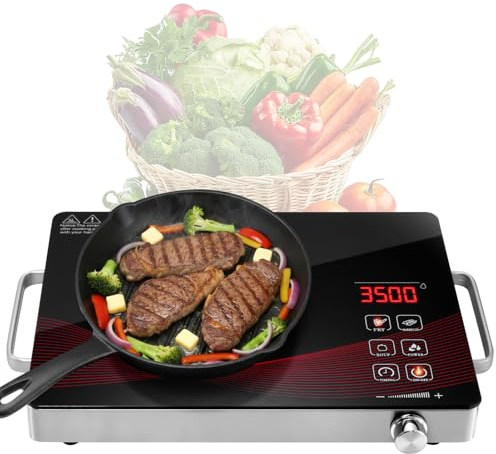 wowspeed Piano cottura in vetroceramica, piano cottura a induzione, 1 piastra da 3500 W, piastra di cottura portatile da 20 cm, 4 metodi di cottura, timer da 3 ore, regolazione continua, controllo