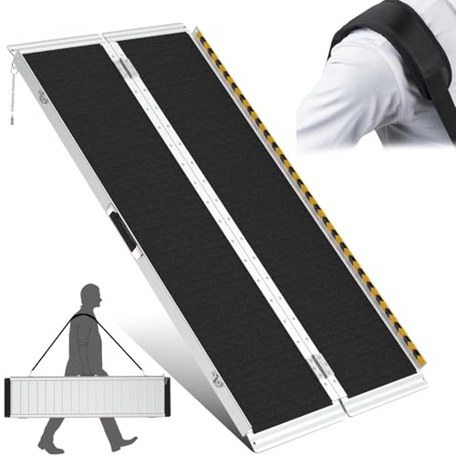 Wheelchair Ramp 5FT | Load-Reducing Shoulder Strap | Portable Wheelchair Ramp | Wheelchair Ramps for Home, Steps, Stairs, Doorways | Handicap Ramp | Non-Slip, Foldable, Aluminum, 800lbs Capacity