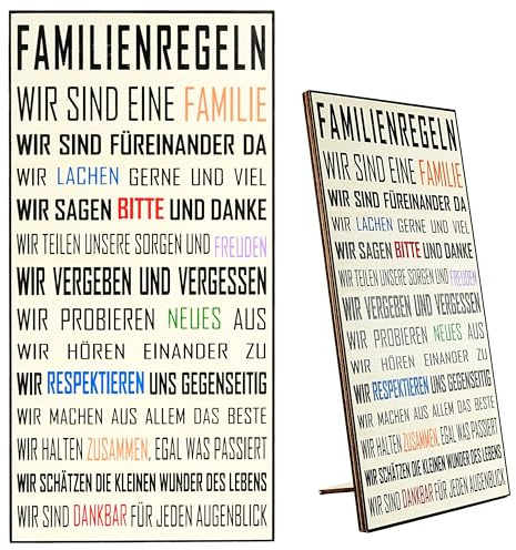Zinello Design – Wanddeko Holzschild «Familienregeln» – Deko Schild aus Holz 30x15 cm zum Aufhängen oder Hinstellen – dekorative Wanddeko für Zuhause, Wohnzimmer, Geschenk Familie