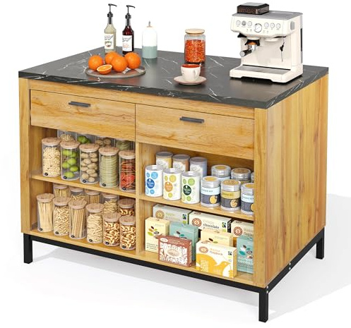 YuQozii 120 × 75 × 90 cm, isola da cucina in stile rustico, isola da cucina con 2 cassetti e 4 ripiani aperti, venature in legno di rovere, piano di lavoro in marmo nero, struttura in metallo, retro