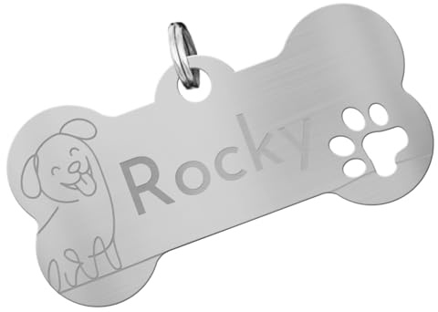 Hundemarke aus Edelstahl graviert – personalisiertes Namensschild in Knochenform mit Hundemotiv – ID Anhänger für Hunde mit Gravur von Name, Adresse, Telefonnummer – rostfrei und wetterfest (Silber)