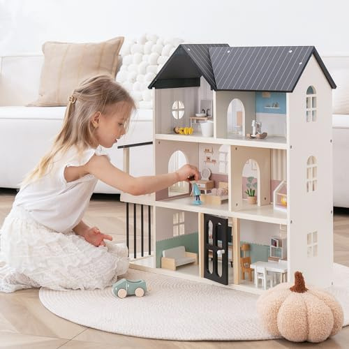 Casa delle bambole in legno per bambini, set da gioco per 6 stanze in stile moderno con 26 mobili e porte funzionali, scala 1:12, casa delle bambole aperta progettata per bambole da 10-15 cm, regalo