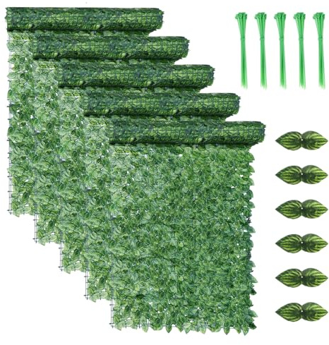 5PCS Artificial Ivy Fence Screening, 3m x 1m Artificial Hedge Screening, Privacy Fence Screen Artificial Hedge Roll, Artificial Trellis Screening with 100 Zip Ties for Garden Balcony Outdoor Decor