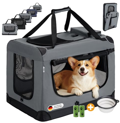Zedelmaier Hundebox Faltbar Hundetransportbox, M 60x44x42cm, robust Transportbox für Hund & Katze Groß Hundetasche Auto Haustiertransportbox für Unterwegs & Zuhause Dunkelgrau