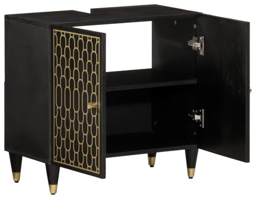 Gecheer Mobile Lavabo da Bagno in Legno di Mango, Ampio Spazio Portaoggetti, Piano d'Appoggio, Gambe in Ferro, per Bagno Moderno