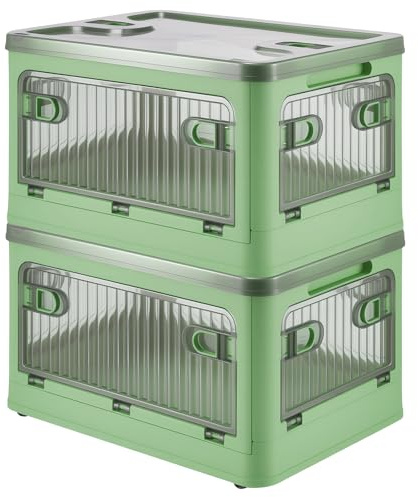 GreenWhim 2 Pack 28L Folding Storage Boxes with Lids and Wheels, Stackable Plastic Organizer Bins with Front Doors for Bedroom Closet Living Room Office (Green)