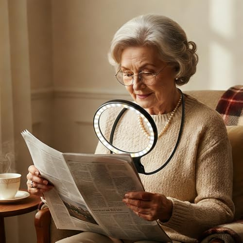 Hands Free Neck Wear Magnifying Glass with 30 LED Lights, Full Book Page 5X/10X Rechargeable Reading Magnifier Flexible Gooseneck Magnifiers for Seniors, Low Vision, Sewing, Crafts & Close Work