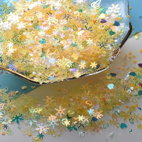 WANYI 50g Pailletten Schneeflocken Deko Konfetti Herzförmig Schneeflocken Glitzer Streudeko für Nagelsticker, DIY Bastelarbeiten Tischdeko Party Dekorationen(Gelb)