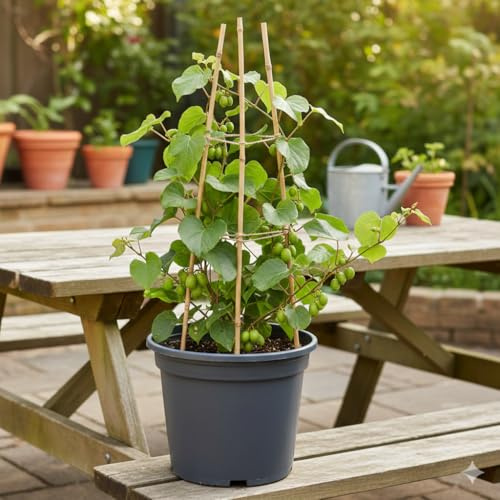 Kiwi Kletterpflanze im Topf, Obstpflanze mit 3 Bambusstäben, Containergrößen-Set für Garten und Terrasse